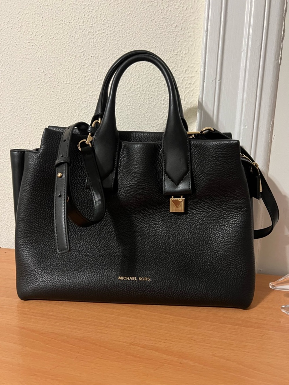 Michael Kors Black Pebbled Leather Satchel with Gold Hardware